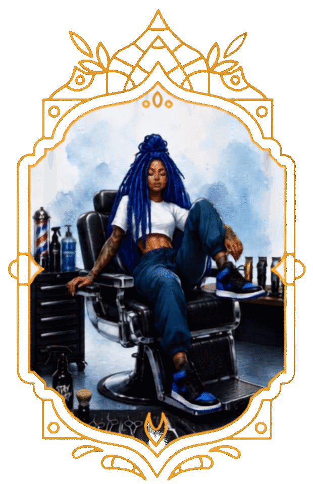 Illustrated portrait of JJ Wes seated in the barber chair of the lounge